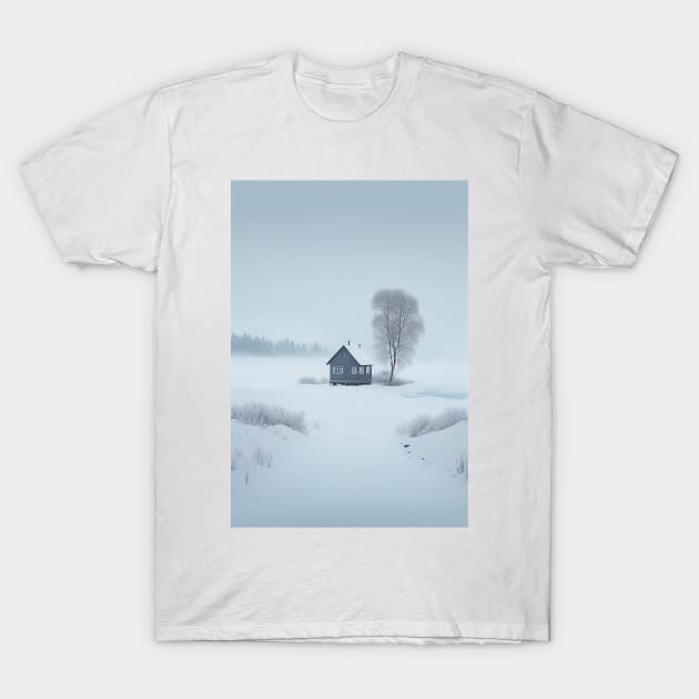 Scandinavian Style Winter Landscape with House and Tree T-Shirt by Abili-Tees